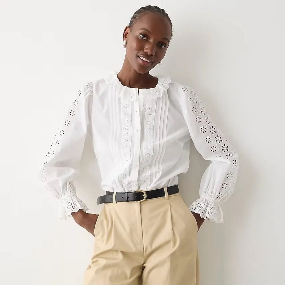 J.Crew Victorian Renaissance Eyelet Embroidered Pintuck Ruffle Collar Top Small